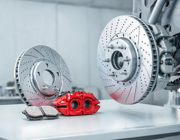 Brake rotor, caliper, and pad set on a workshop bench