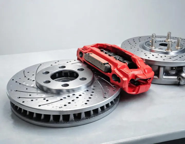 Brake rotor, caliper, and pad set on a workshop bench